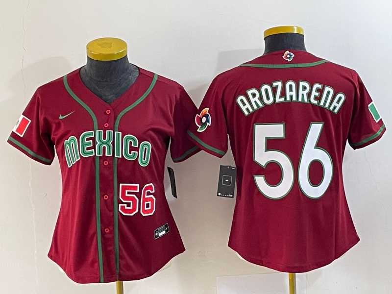Women's Mexico Baseball #56 Randy Arozarena Number 2023 Red World Classic Stitched Jersey 1